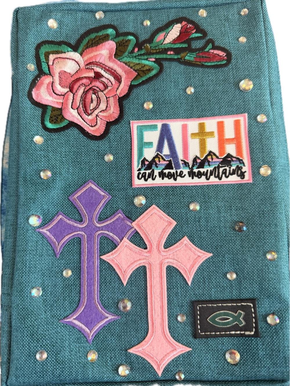 Teal Cross & Floral Embellished Bible Book Cover